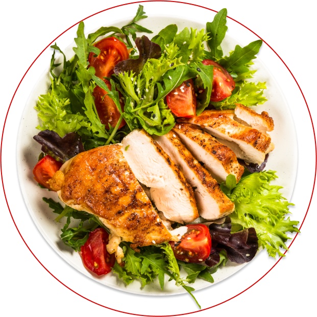 Agaia Kitchen – grilled chicken salad plate with fresh greens and tomatoes